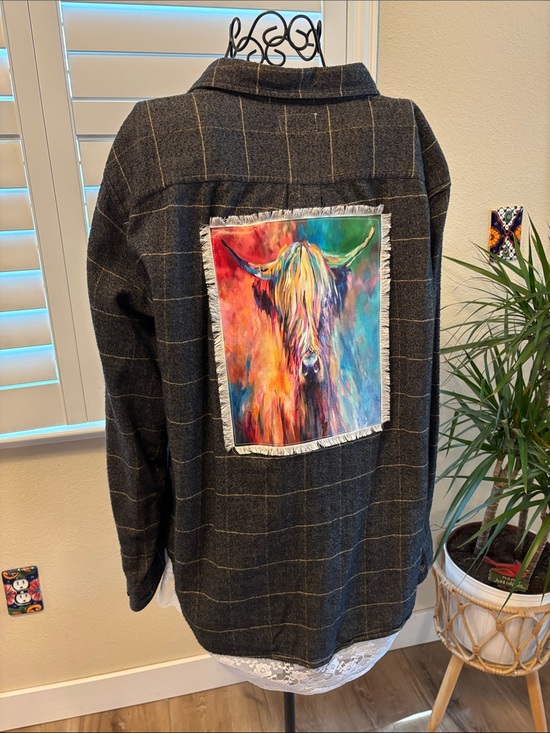 Handmade Tops - Handmade one of  kind Plaid flannel with Colorful Highland Cow Fringe Patch